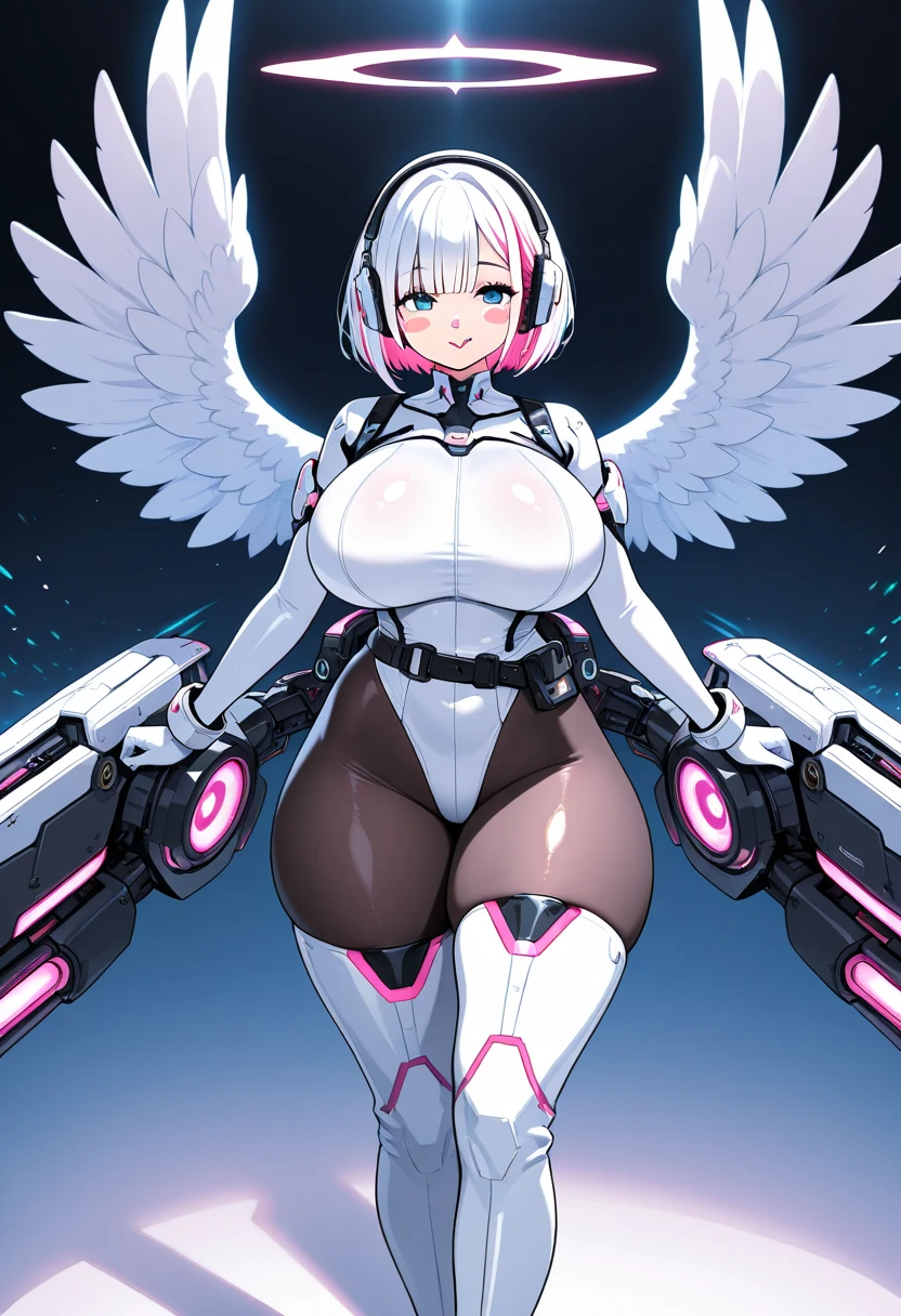 1girl, large breasts, breasts, thick thighs, wide hips, pink hair, very short hair, hair ornament, ornament, headphones, blue eyes, white bodysuit, bodysuit, futuristic, science-fiction, tech, machinery, angel wings, thigh strap, cutout, hip vent, cleavage, serious, glowing eyes, cameltoe, cowboy shot, ((cowboy shot))