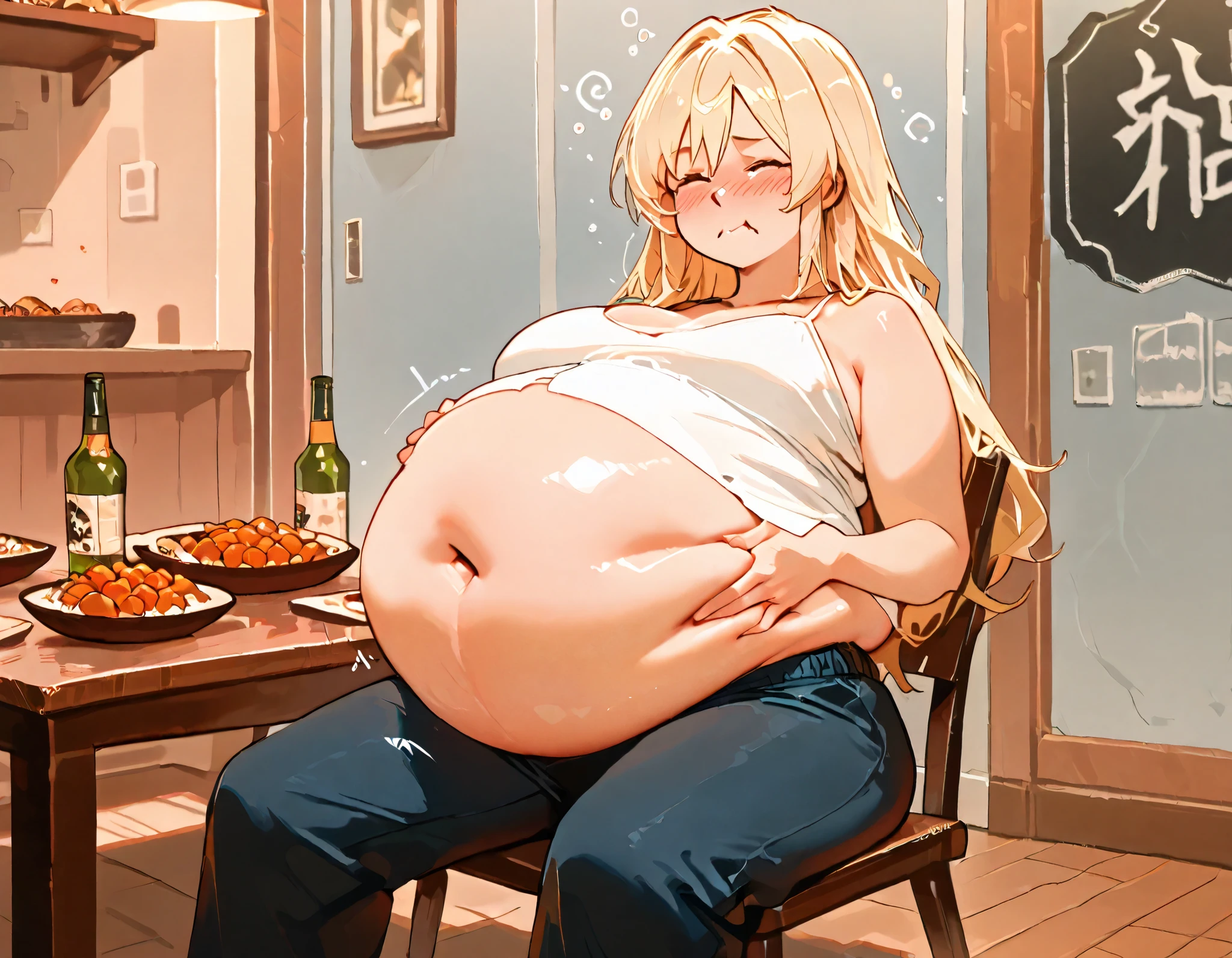 fat, pregnant, big belly, overweight, Riza Hawkeye, hair in bun, fat, big belly, clothed, sitting down, table full of food, cookies, eating cookies, very fat, Christmas season, Christmas time, Christmas season, holidays, Christmas sweater, twin tails