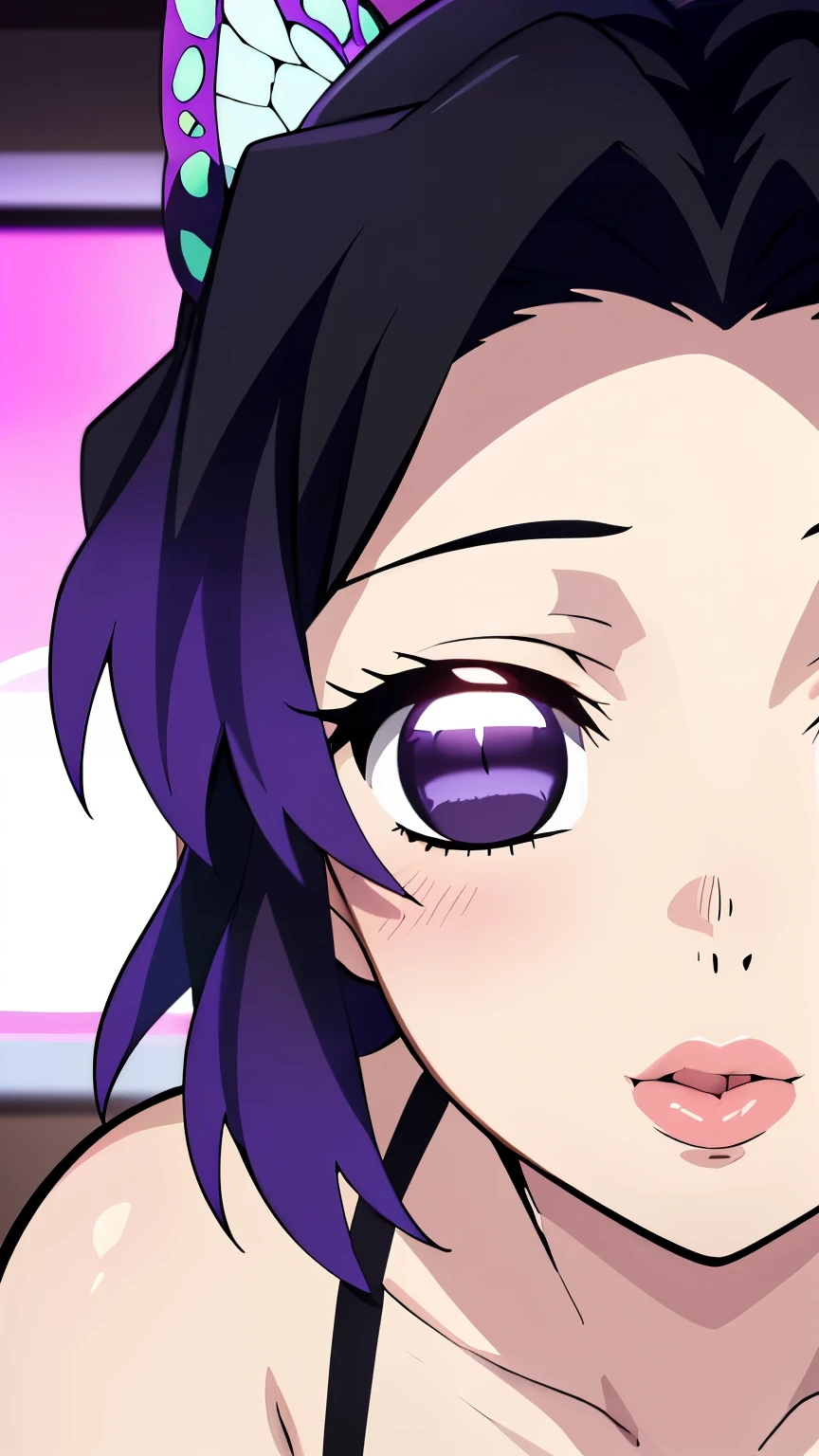 (masterpiece, best quality, high resolution, 8k:1.2), (anime coloring:1.2), 1girl, high resolution, unity 8k wallpaper, (beautiful detailed eyes:1.2), extremely detailed face, perfect lighting, extremely detailed CG, beautiful eyes, perfect eyes, detailed eyes, distinctive big highlights, symmetrical eyes, Purple Hair, Short Hair, (large butterfly hair clip), Pretty Parted bangs, purple eyes, narrow eyes, (slim:1.3), (small medium breasts:1.2),
(perfect hands, perfect anatomy), solo, dutch angle, looking at viewer, nffsw, (lingerie, pov, kiss, peck lips, round lips, incoming kiss, outstretched arms), o(pen your mouth and stick out your tongue:1.2), (blushing, bearish:1.3), (upper body), in the center of the image