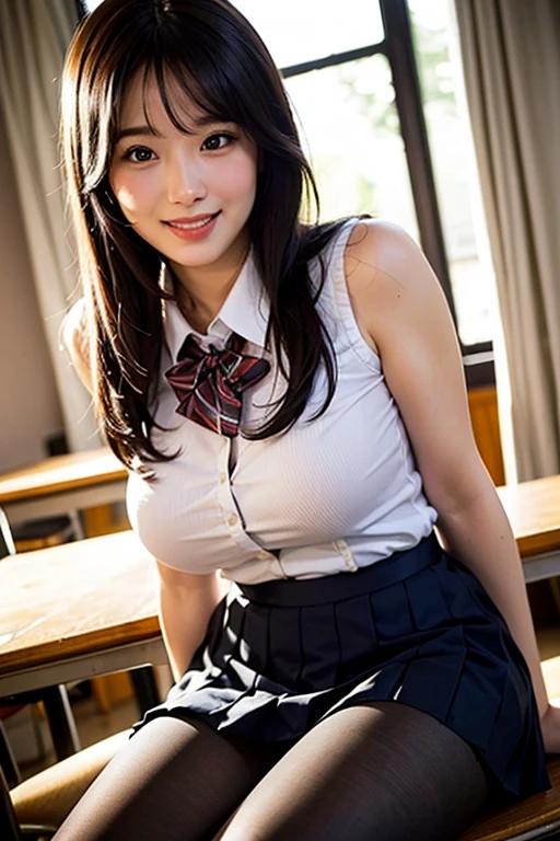 Pure Japanese school girl, sexual attractive, outstanding body, white skin, wearing loose uniforms, lift up blouse, beautiful nipples, no makeup, thick eyebrows, natural black hair, sweet smile, secret temptation to sex, professional portrait photography, sitting in summer sunlight, 