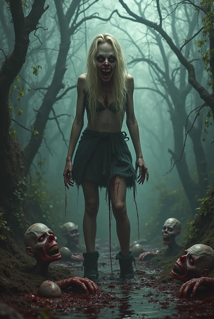 Practical ,写实photo, best quality, High resolution, portrait, photo_dark, Sewer background, Dirty atmosphere, Garbage pile on the ground, stench, Sewage,  A zombie girl sitting on a chair，(A bunch of zombies roaming around here)，(Rotten monster close up)，Depth of Field，(Camera UI interface)，(Thriller)