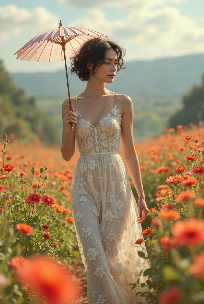 Fuwa Love Car,1girll,Solo, (White lace dress:1.2),floating dress (sunhat:1.2), Sunflower field, Under the sunlight, Light smile,view the viewer, Wind, Dynamic, Strong light and shadow,Dynamic pose,