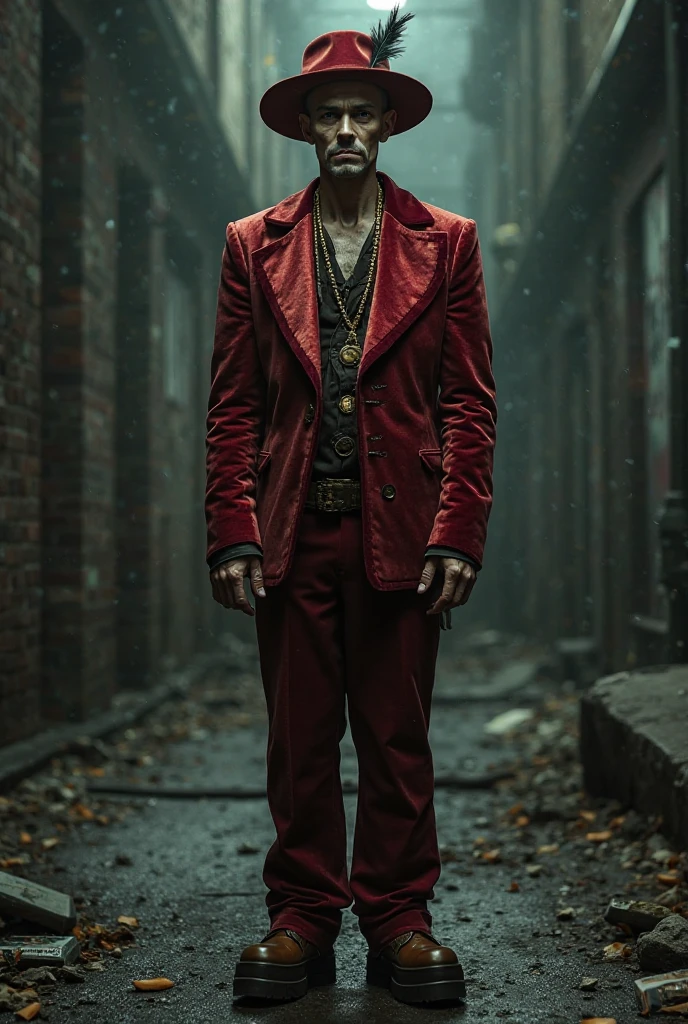 A scary bald man with severely burned skin covering his entire body and his face, wearing a long, flowing red coat resembling that of a old priest coat. He stands with a stoic expression, and a large python is coiled around his shoulders, its scales glistening. The scene has an eerie, ominous atmosphere, with shadows highlighting the burned texture of his skin and the contrast between the red coat and the pale, scarred flesh