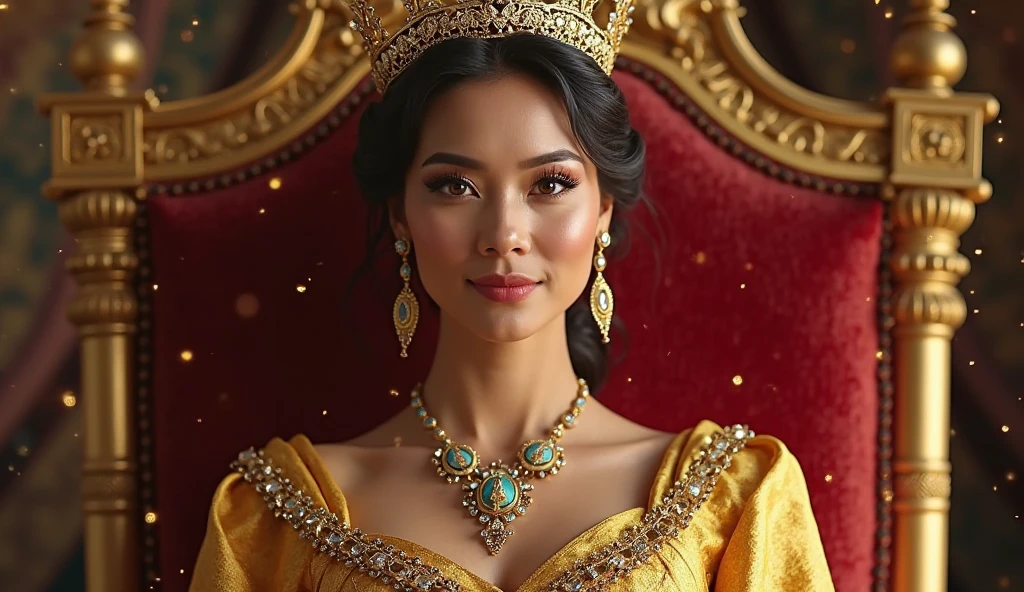 A very beautiful queen sitting on a black throne made of gold, with a serpent-dragon like elements and design, intricate details, dramatic lighting, hyperrealism, photorealistic, cinematic, 8k sharp focus, unreal engine 5 effects--niji 5, style expressive