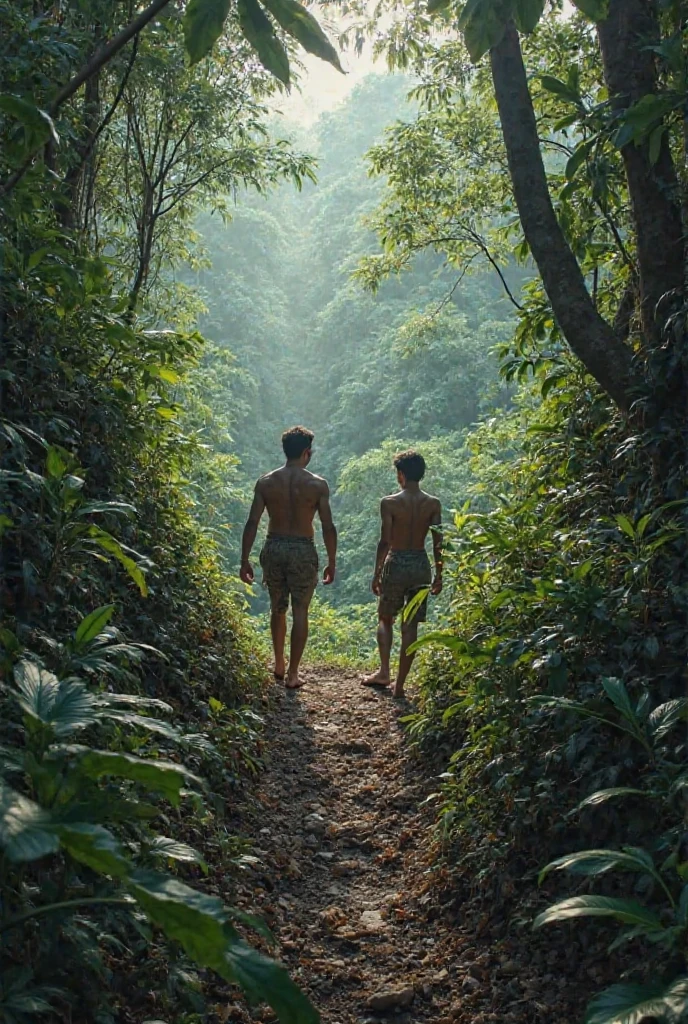 Two young cute handsome beautiful white face soft skin slim short hair shirtless in a jungle collecting vines carrying on his shoulder in the middle of the jungle behind him a house