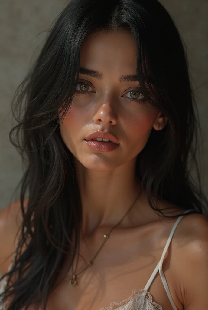 (((ultra realistic))) Photo, masterpiece, top quality, (Pale skin), (Ultra detailed face and eyes.:1.3), 1 girl, naked ((eye makeup)), ((big detailed lips)), ((dark wavy hair)), ((stylish hairstyle)) , (heavy breasts). ((Posing)), Photoshoot, (contour) Turning on, (The game of lights and shadows), depth of field, bokeh, (Special attention to leather details.: 1.2), detailed leather texture, skin pores. (Warm frame environment.. color combination - black, yellow, red, orange tones), DR, ((film grain)), good heavens, (Glare), ((Photo to the waist)) , ultra detialed, 