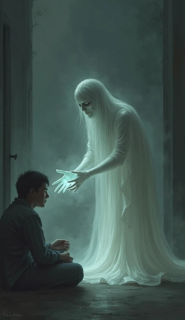 A boy fallen down in an ground and a ghost of shadow raise his hand to help the boy.