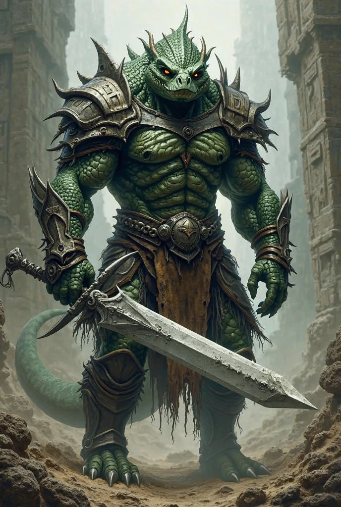 Buff male scared dragonborn woth horns and tail