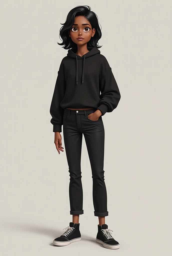 FULL BODY, center portrait, 30-year-old girl, dark skin, Clothing style comfortable, Hyper-realistic, full body portrait, long brown hair, clothes: green, sharp focus, cinematic lighting, highly detailed, intricate details, plain brown background