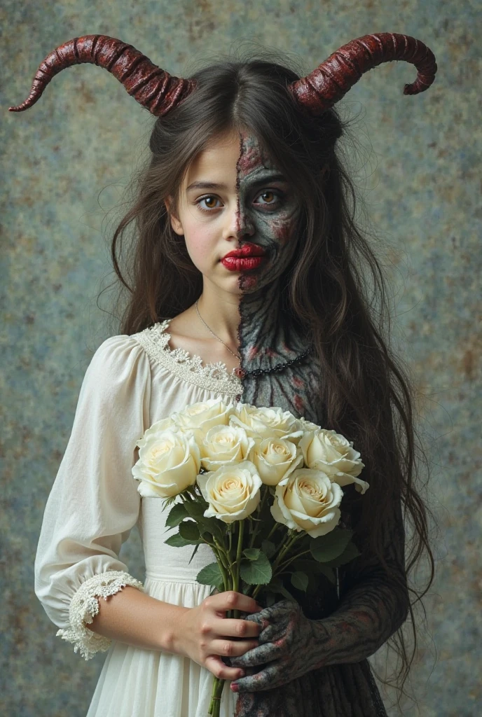 Masterpiece, best quality, 1girl, solo, face painting horror, thriller, long hair, looking at the audience, smile, dress, ribbon, jewelry, very long hair, headband, flower, bracelet, double side up, hand_on_own_face, head_rest, hand_on_own_cheek, art lines, monochrome,