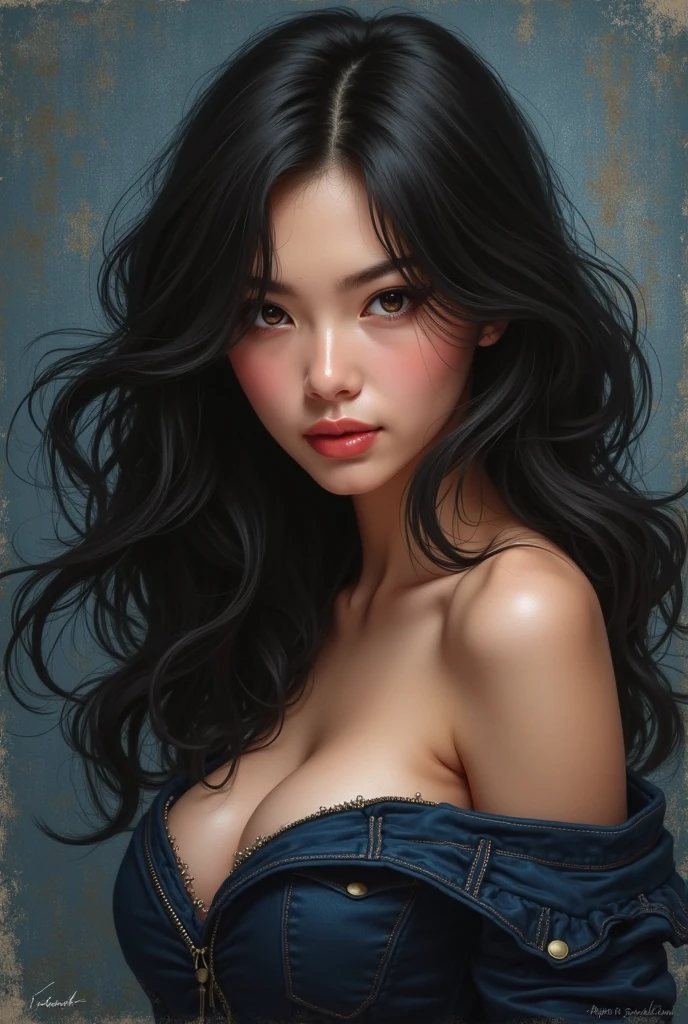 A delicate, 3D water color paint shows a full body naked beautiful Thai woman, her features rendered in subtle shading and precise lines. The framing is focusing attention on the subject's sweet face, very big eyes, very high nose, thick and long eyebrow, thin and wide lips, sexy look. Soft, feathery strokes convey the gentle texture of her long hair, small and firm breasts, bare foot, large pussy,