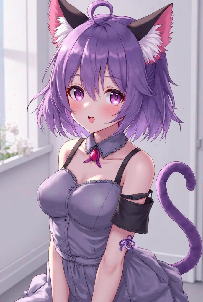 highest quality、smile、Cleavage、Cat ear、Purple Hair
