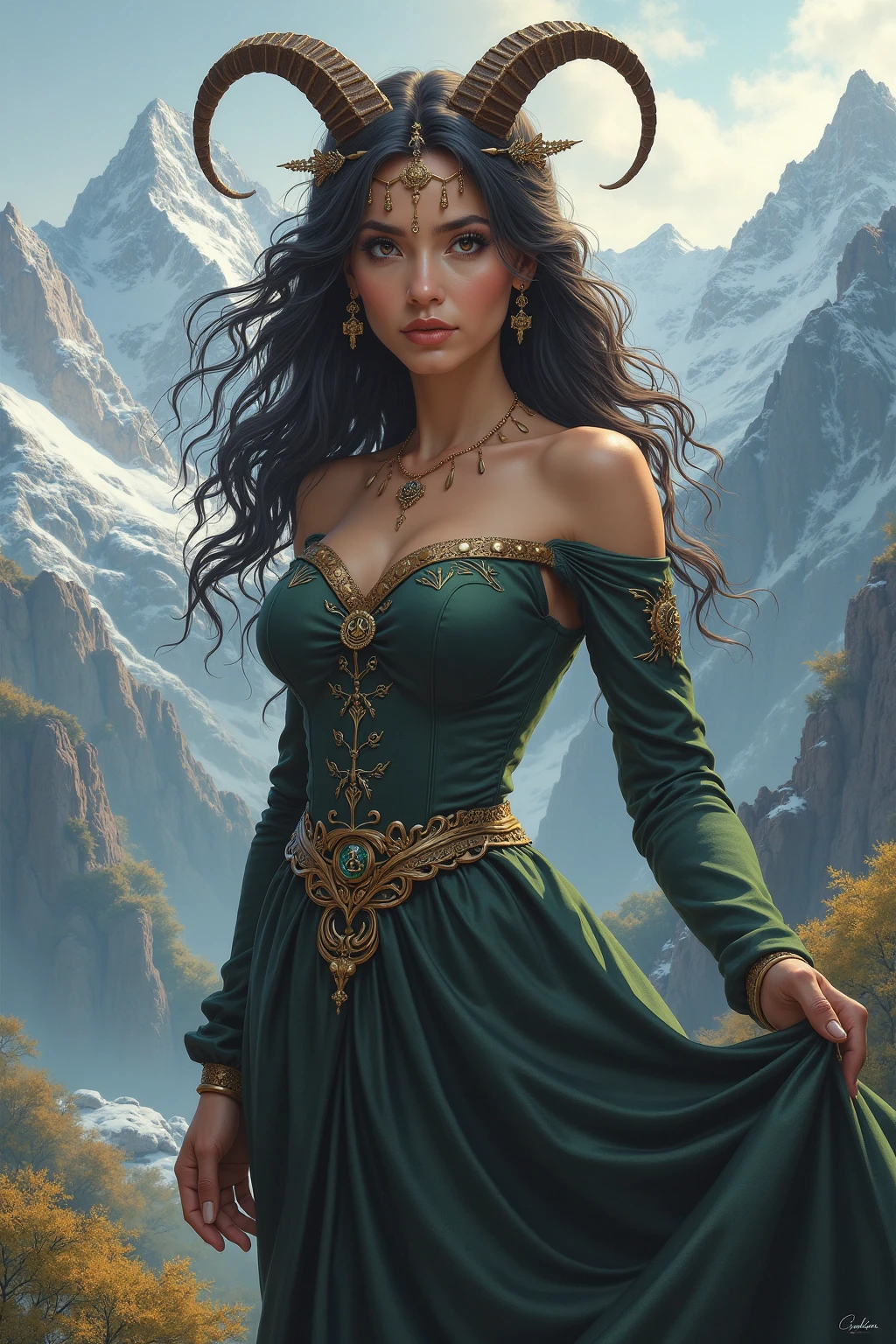 high details, Fantasy Poster, best quality, 8k, [ultra detailed], masterpiece, best quality, Photorealistic , dynamic angle, ultra wide shot, photorealistic, fantasy art, dnd art, rpg art, realistic art, an ultra wide picture of druid grove in a fantasy desert canyon and its druid warden observing all, a fantasy desert canyon (intricate details, Masterpiece, best quality: 1.5), (at sunset: 1.5), a stream of water (intricate details, Masterpiece, best quality: 1.5), waterfall (intricate details, Masterpiece, best quality: 1.5), human female druid, full body (intricate details, Masterpiece, best detailed: 1.5), exquisite beautiful woman druid (intricate details, Masterpiece, best detailed: 1.5), ultra detailed face (intricate details, Masterpiece, best detailed: 1.6), black hair, long hair, wavy hair (intricate details, Masterpiece, best quality: 1.5), dynamic eyes color, fair skin, wearing yellow cloak (intricate details, Masterpiece, best quality: 1.5), green robe (intricate details, Masterpiece, best quality: 1.5), cinematic light, pastoral atmosphere, divine light, gods rays, hyperrealistic, Photorealistic, 16k, RAW, award winning, [ultra detailed], masterpiece, best quality, (ultra detailed), full body, ultra wide shot, photorealistic,