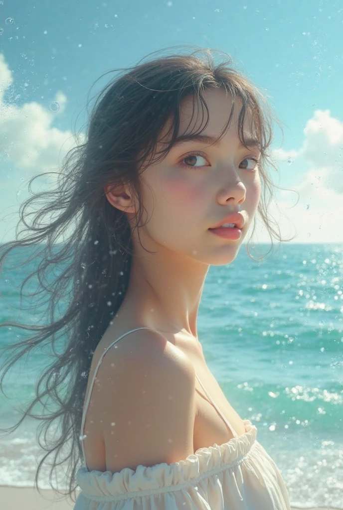 One Girl,A person surfing a big wave, Ocean waves crashing, sunny ocean, Dramatic sky with clouds, Slim and sexy body, Surfers riding the waves, extreme action, Ocean Spray, Wetsuits, Perfect waves, Vibrant colors, photoRealistic, 8k, (Highest quality, 4K, 8k, High resolution, masterpiece:1.2), Very detailed, (Realistic, photoRealistic, photo-Realistic:1.37), High resolution, 超High resolution, Studio Lighting, Very detailed explanation,  Vibrant colors, Action Shots, Sea view,(((Mid-chest))), (((Adult body))),