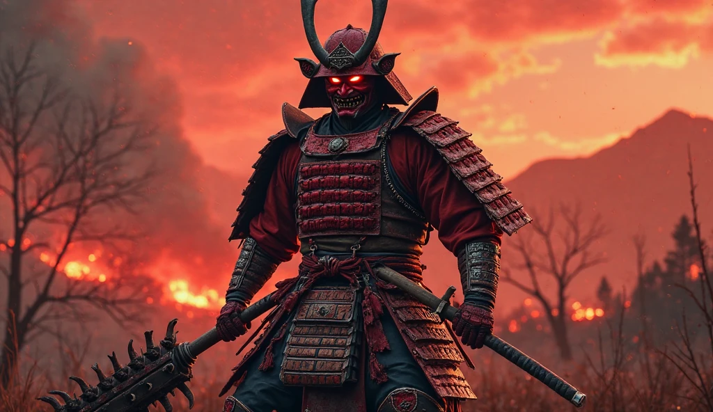 Fallen Samurai,embers,gloomy and creepy atmosphere,Red Samurai,dramatic  lighting,Cracked Red Armor, intricate details,A Lost Battle,Fading Glory,Ghostly Shadows,foggy background,Face under the mask,Majestic Helmet,A lonely figure,Rising smoke,Doomed Fate,Grim Ruins,Majestic Composition,Military Honor,desolation,Fire fighting,A sinister presence,Ash and smoke,Bloodstained Earth,worn-out armor,determination,Glyph of Courage,The End of the Samurai Era,A devastated battlefield, Standing in the middle of the battlefield [Muted color palette],[subdued tones],[Intrusive atmosphere:0.9]