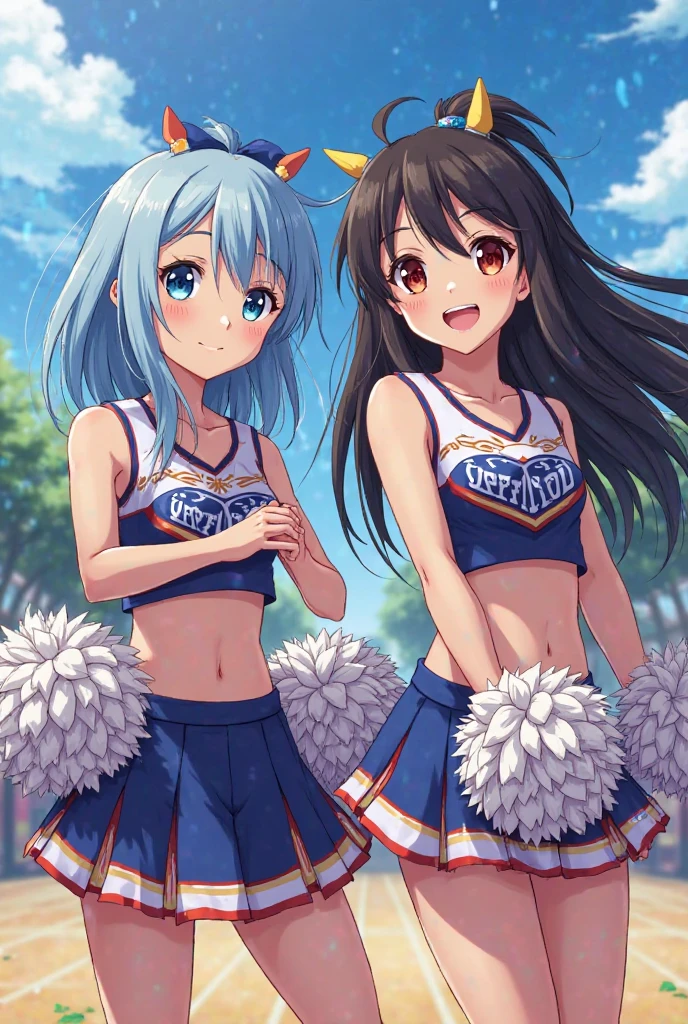 Two Asian women cheergirl, wearing a cheergirl uniform, clothes are sleeveless clothes, Yui has brown hair and long hair., beautiful five-fingered hands, Aya has dark blue hair and long hair., eye color is the same as hair color, wearing the same clothes, good friends, both smiling, holding bonbons in both hands, costume is as shown in the picture, shiny silver, small, Shiny silver clothes, V-neck clothes, no logos and letters on clothes, clothes with glitter silver uniforms, clothes are non-see-through fabric 🚿🗝📝 🔞🤡 2263539546], ❤🔥🍄🌪 8 km race)), anim、、、、、、、、、、、e-style mascot type, background is all blue., clothes without ribbons, only blue lines, belly button style, white clothes