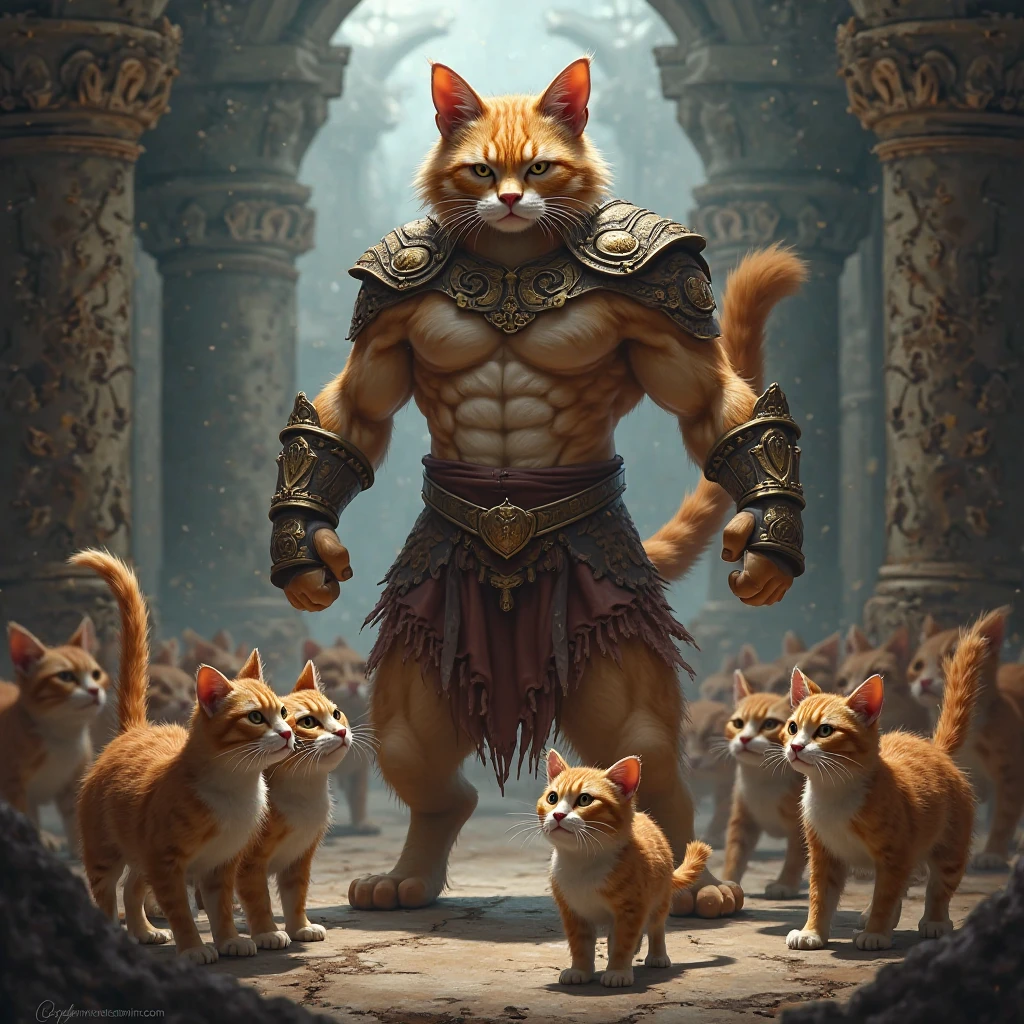A very muscular wizard child, half human half cat, realisitic