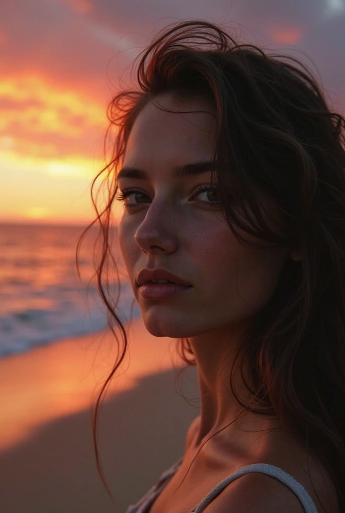 uma fotografia de uma mulher ruiva com cabelos varridos pelo vento, em frente a uma montanha com neve em um dia de sol , emanating indomitable beauty