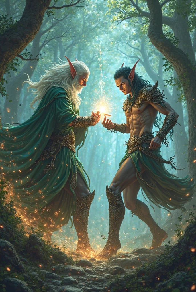 Handsome and dashing elf man, Wearing a Roman belt, Shirtless, White hair, Elf Al, Play with the waterfall, In a forest, perfect lights, a magical forest, Perfectly drawn, high-definition photograph, photograph realistic, Extremely detailed picture, 4K quality,There are 3 of them
