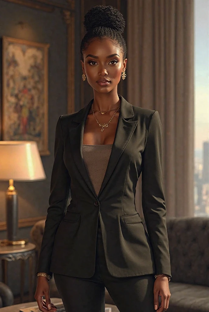 Adebola Arendse in a high-rise office (setting: modern, overlooking a cityscape). She's in a sharp business suit (fabric: fine wool, tailored) with her hair styled in a sleek bob, and professional makeup. She's looking out the window (view: sprawling city below), her pose powerful and contemplative