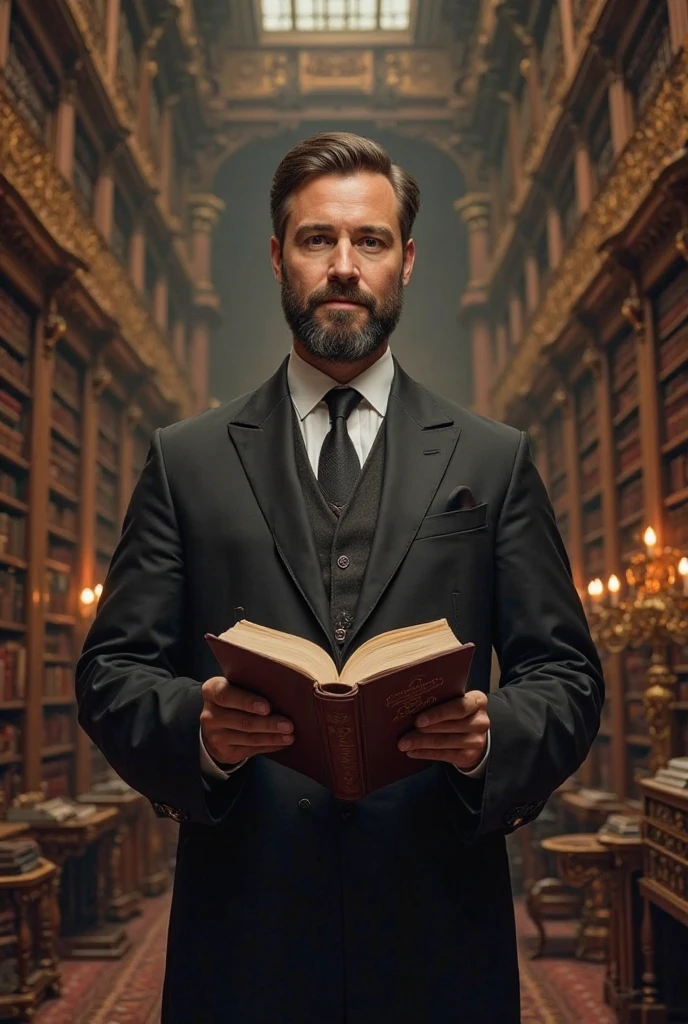 a 19th century builder thinking in mind deeply and disagreeing with something having map laying infront of him and he have pen in his hand, he has cloths of 19th century builders, wearing glasses, standing infront of big wall that wall of full of huge gothic architectural building, the room in which he is standing furmished with 18th century luxury furniture. --auto