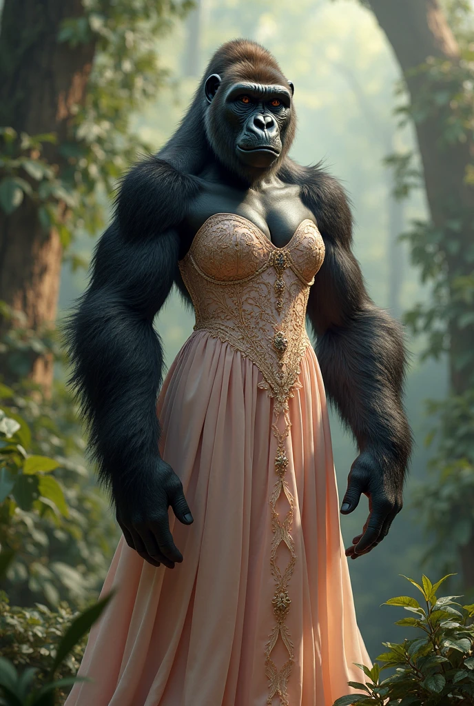 gorilla in a dress, gorilla in full height. Evening form-fitting dress. Realistic image. Cinematic effect, ultra high quality, soft light, soft shadows, 3D photo