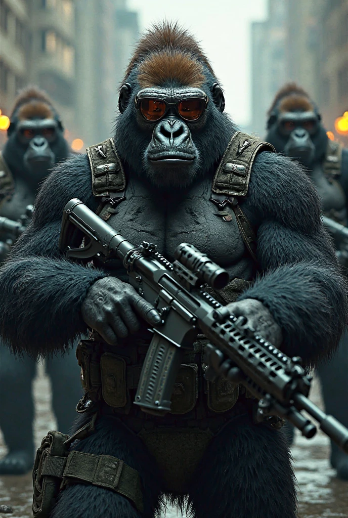 arafed image of a group of soldiers with gas masks, in style of primal apes, cgi style, pale black armor, homeworld, defending the vast looming city, inspired by Keos Masons, representing ed harris, hollywood promotional image, still image from the movie, gray men --auto --s2