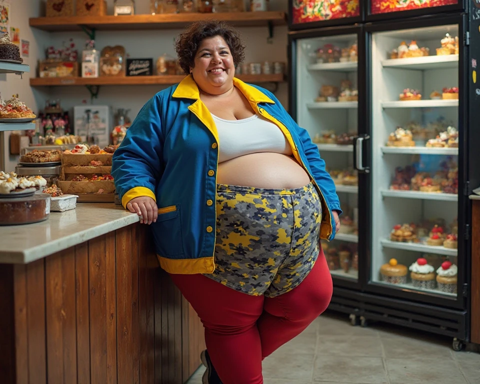 realistic body, It doesn't seem like it,Lorena is a morbidly obese Argentinian plus-size body positive woman of 1.60 meters tall and 3,859 kilos in weight, He is 47 years old, brown skin , very long and straight brown hair , she has several very personal physical characteristics , her upper body is very thin with small breasts and a narrow back, the lower part has a flat stomach with very wide hips and a fat tail , very sturdy and thick legs , flabby body , round face with big double chin, Very short obese neck, obese back , Obese arms,She wears a huge and oldie chef's jacket in blue with bright yellows, red leggings with gray and yellow camouflage print, Nike Air Force black sneakers, the image is a photo of her leaning on the counter of a pastry shop, behind it you can see a refrigerator with glass doors with different cakes, desserts and cakes, She turns her head to smile at the camera, She looks very tanned,her body language shows fatigue and heaviness shows demure women on a day of enjoyment, she looks more flabby and plump than ever
