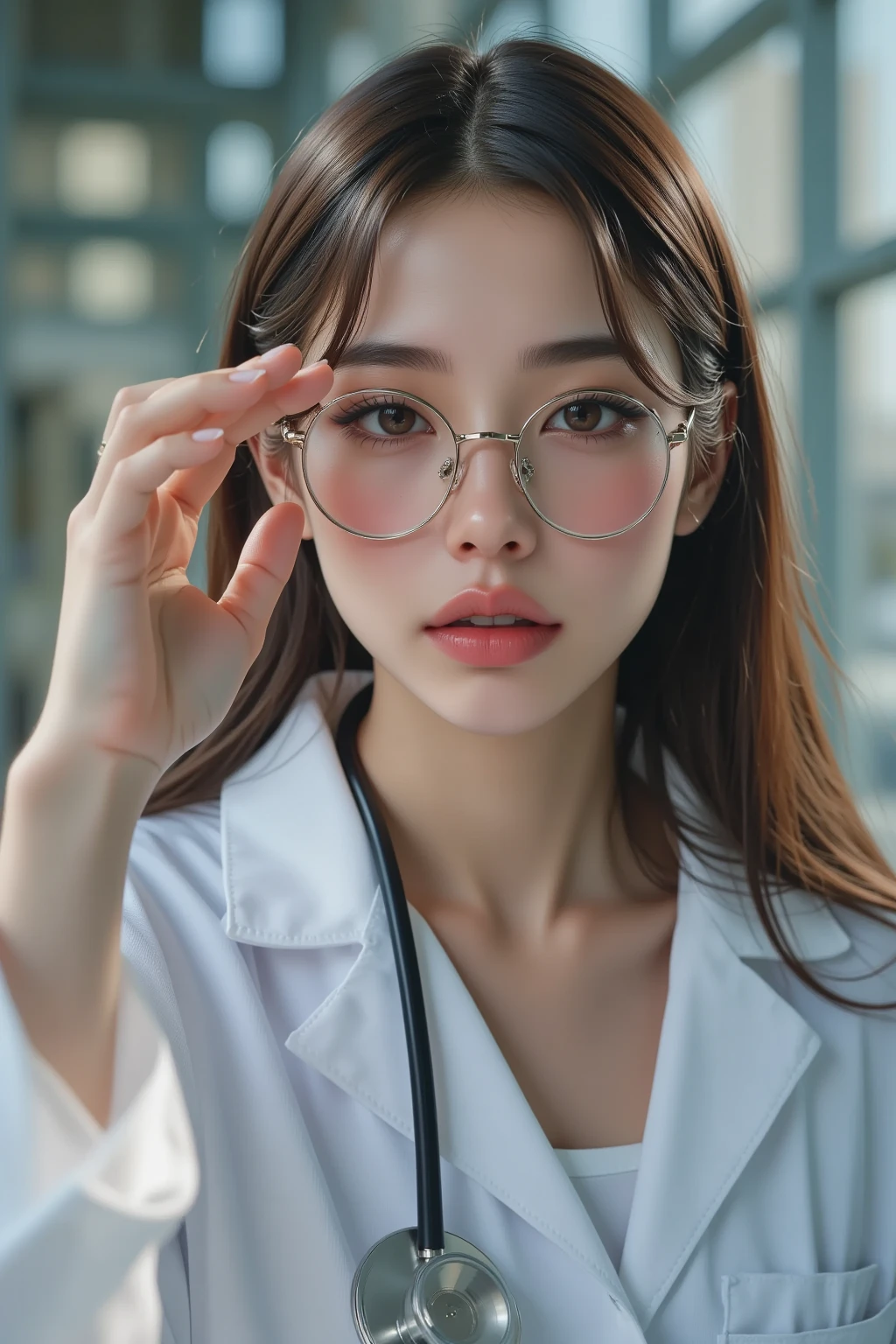 Random pose,Extreme Close-up,Movie Scenes, fantasy art ,Best image quality,Hyperrealist portrait,(8k), ultra-realistic,最high quality,high quality,High resolution,high-quality texture,Attention to detail,Beautiful details,Fine details,Highly detailed CG,Detailed Texture,Realistic facial expressions,masterpiece,before,dynamic,bold,1 girl,Highly detailed skin,curve,,Beautiful breasts,Large Breasts,Pale skin,Pointed Chest,Erect nipples,(Very fine hairs),(Very soft hair),(Super Straight Hair), long, slicked bangs,Very light coppery amber hair,Hair on one eye, , (nurse, Powerful, nurse costume, White blouse, pants suit, High heels, Glasses, Stethoscope, serious, Self, enthusiasm, , Stand up and read the document, push up glasses with your hands,)