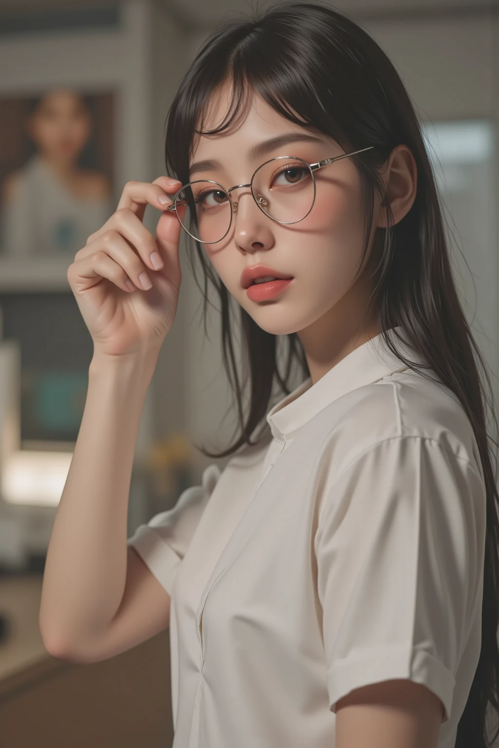 Random pose,Extreme Close-up,Movie Scenes, fantasy art ,Best image quality,Hyperrealist portrait,(8k), ultra-realistic,最high quality,high quality,High resolution,high-quality texture,Attention to detail,Beautiful details,Fine details,Highly detailed CG,Detailed Texture,Realistic facial expressions,masterpiece,before,dynamic,bold,1 girl,Highly detailed skin,curve,,Beautiful breasts,Large Breasts,Pale skin,Pointed Chest,Erect nipples,(Very fine hairs),(Very soft hair),(Super Straight Hair), long, slicked bangs,Very light coppery amber hair,Hair on one eye, , (nurse, Powerful, nurse costume, White blouse, pants suit, High heels, Glasses, Stethoscope, serious, Self, enthusiasm, , Stand up and read the document, push up glasses with your hands,)