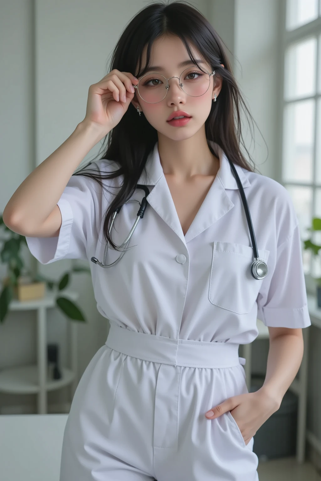 Random pose,Extreme Close-up,Movie Scenes, fantasy art ,Best image quality,Hyperrealist portrait,(8k), ultra-realistic,最high quality,high quality,High resolution,high-quality texture,Attention to detail,Beautiful details,Fine details,Highly detailed CG,Detailed Texture,Realistic facial expressions,masterpiece,before,dynamic,bold,1 girl,Highly detailed skin,curve,,Beautiful breasts,Large Breasts,Pale skin,Pointed Chest,Erect nipples,(Very fine hairs),(Very soft hair),(Super Straight Hair), long, slicked bangs,Very light coppery amber hair,Hair on one eye, , (nurse, Powerful, nurse costume, White blouse, pants suit, High heels, Glasses, Stethoscope, serious, Self, enthusiasm, , Stand up and read the document, push up glasses with your hands,)