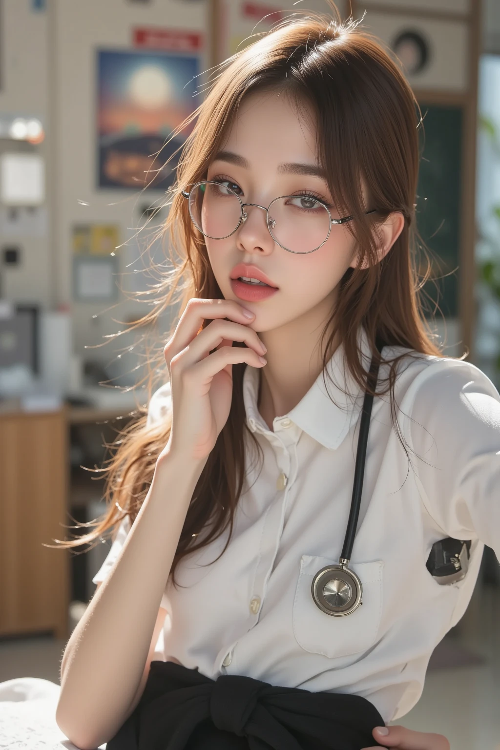 Random pose,Extreme Close-up,Movie Scenes, fantasy art ,Best image quality,Hyperrealist portrait,(8k), ultra-realistic,最high quality,high quality,High resolution,high-quality texture,Attention to detail,Beautiful details,Fine details,Highly detailed CG,Detailed Texture,Realistic facial expressions,masterpiece,before,dynamic,bold,1 girl,Highly detailed skin,curve,,Beautiful breasts,Large Breasts,Pale skin,Pointed Chest,Erect nipples,(Very fine hairs),(Very soft hair),(Super Straight Hair), long, slicked bangs,Very light coppery amber hair,Hair on one eye, , (nurse, Powerful, nurse costume, White blouse, pants suit, High heels, Glasses, Stethoscope, serious, Self, enthusiasm, , Stand up and read the document, push up glasses with your hands,)