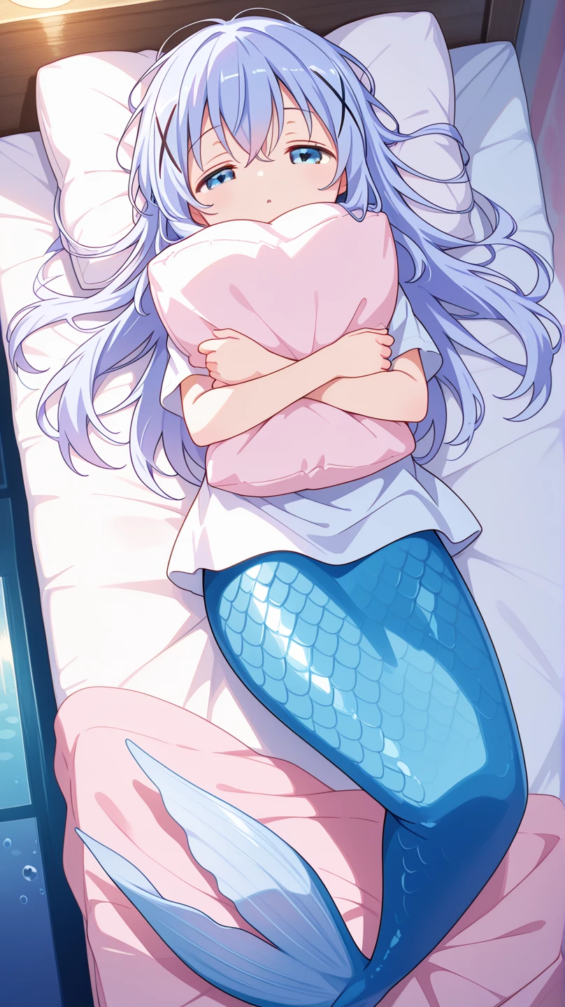 1girl, blue eyes, chino_kafu, periwinkle colored hair, tiny, cute, innocent, long hair, hair ornament, mermaid, light blue tail, no legs, bedroom, underwater, submerged, pajama, no skirt, sleepy, lay down, on bed, on back, eyes half closed, hugging pillow, blanket, looking at viewer, (clothed, ultra kawaii), hdr, low contrast,
masterpiece, best quality, absurdres, masterpiece, highres, perfect anatomy, anime style, anime screenshot, 8k wallpaper, ultra high quality, (extremely detailed cg), perfect lighting, (sharp image), dynamic angle
