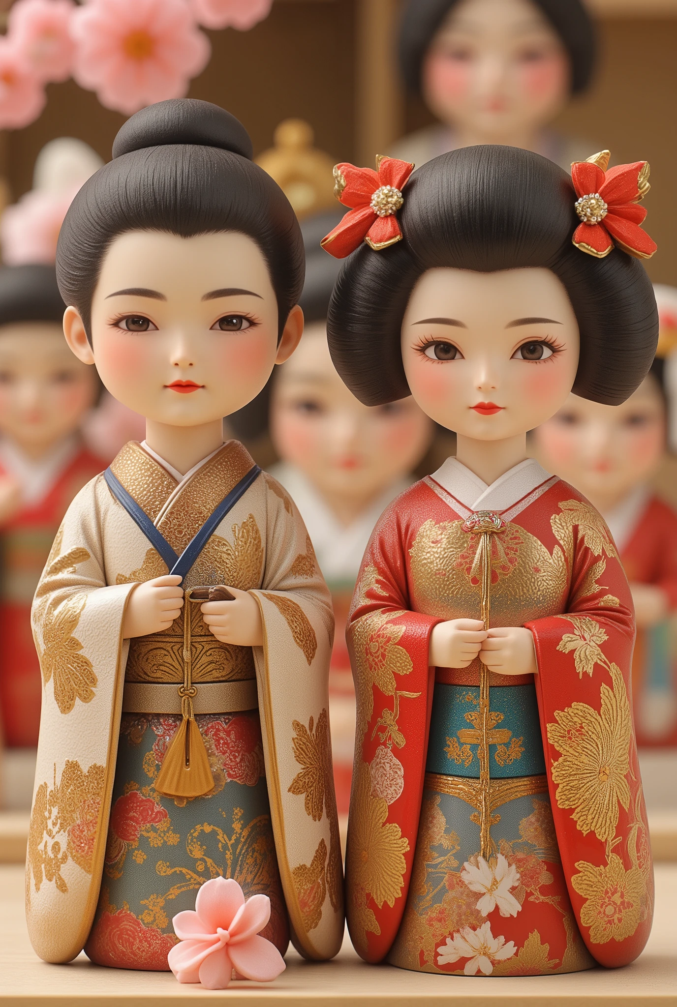2 kokeshi dolls, a couple of Hina dolls, super high resolution, 1 male Emperor and 1 female Empress, Japanese traditional culture, Hinamatsuri,