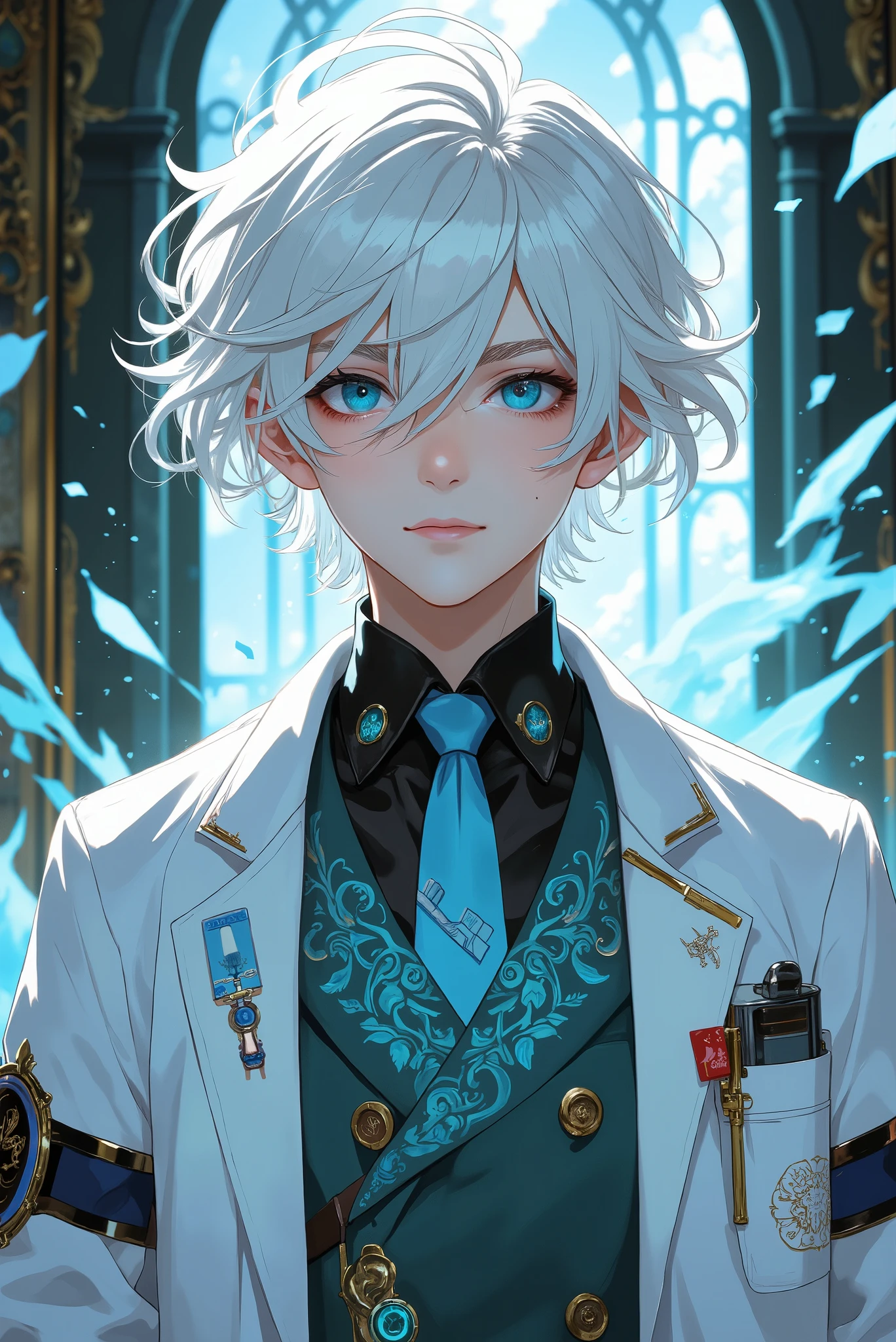  white-haired boy. anime. cold face.  blue eyes. doctor&#39;s clothes. Calm and slightly sarcastic eyes. Fantasy