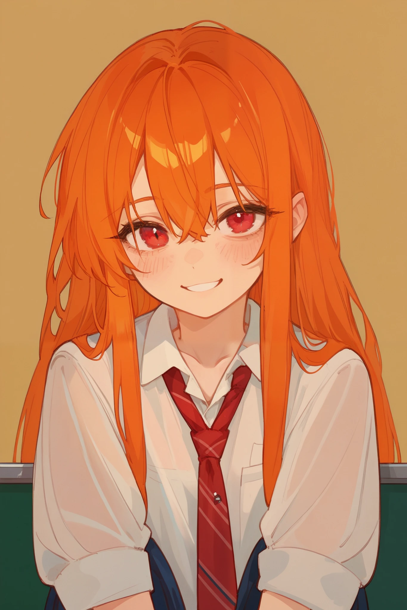 (best quality), best resolution, School, school class, 1girl, shy smile, fidgeting, orange hair, long hair, (messy hair:0.6), red eyes, detailed, 4k, 748cmstyle, artistic