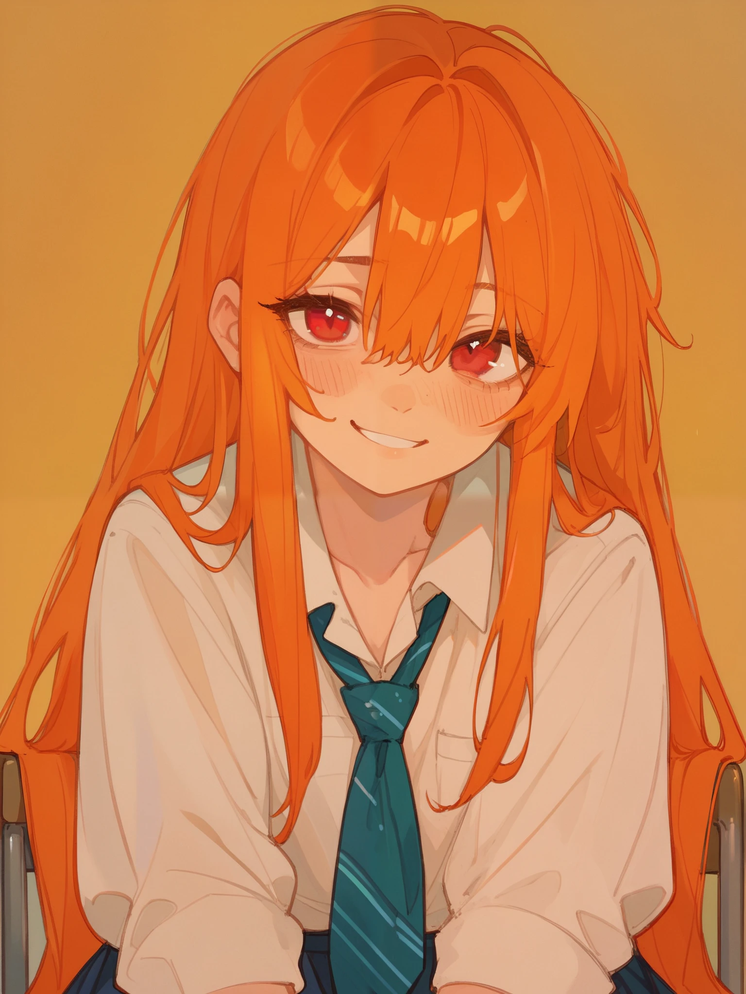 (best quality), best resolution, School, school class, 1girl, shy smile, fidgeting, orange hair, long hair, (messy hair:0.6), red eyes, detailed, 4k, 748cmstyle, artistic