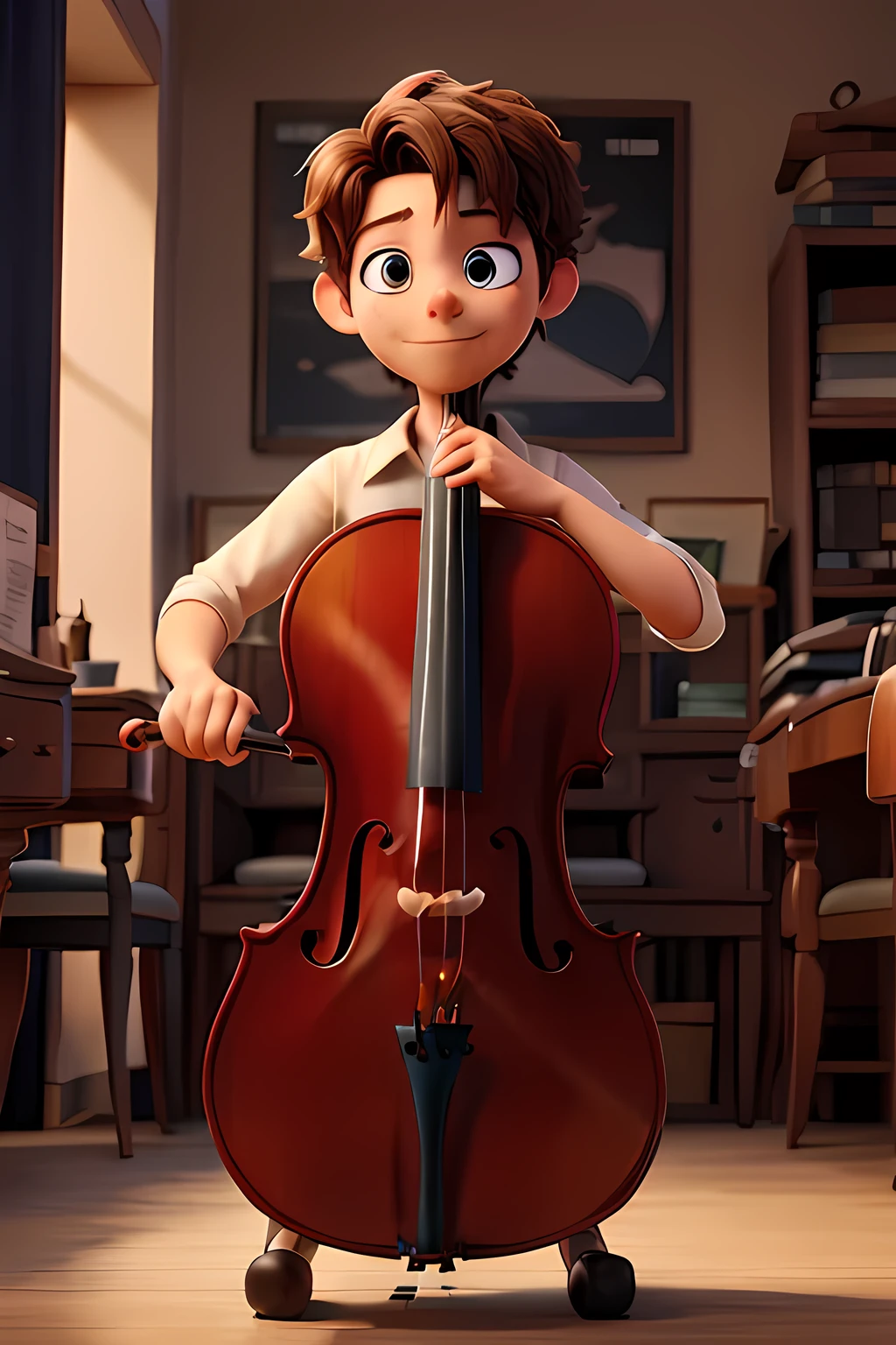 15 year old Mexican boy, thin, with black hair and dark skin, playing the cello