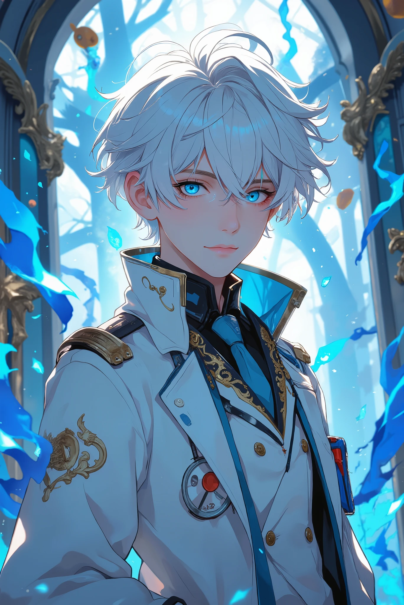 white-haired boy. anime. cold face. blue eyes. doctor's clothes. Calm and slightly sarcastic eyes. Fantasy