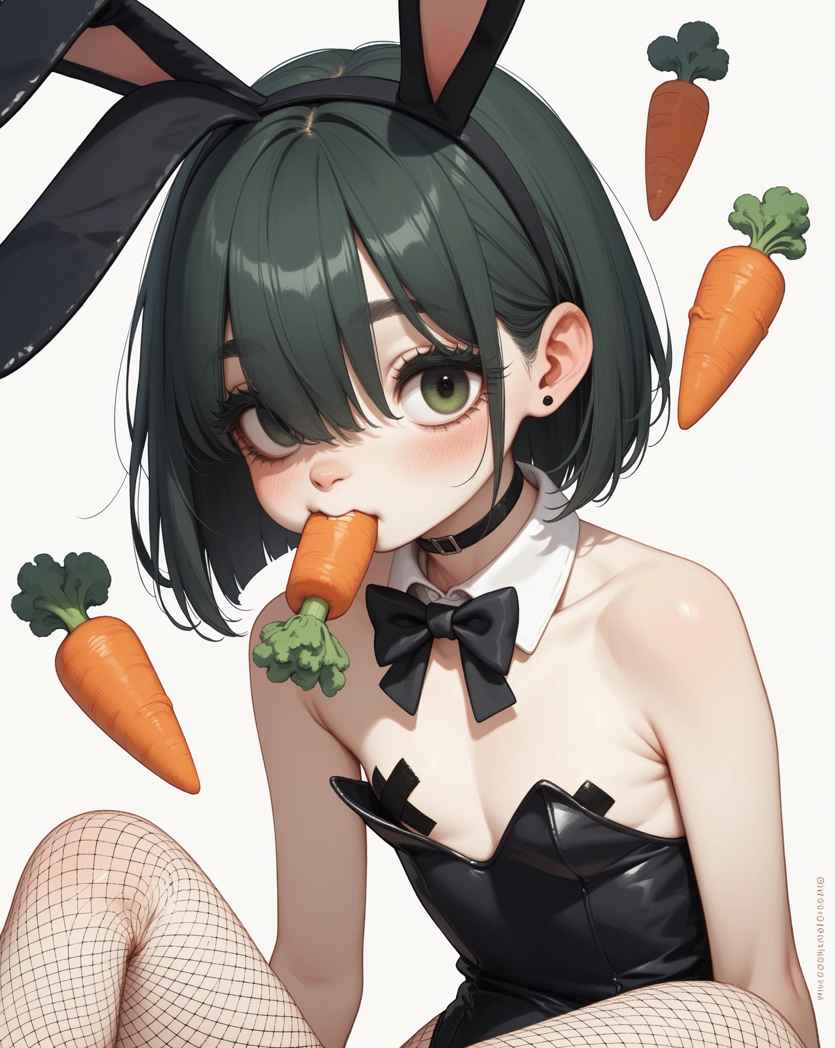 pon pon shit , from below , Hairy rabbit mom , round face , (tilt face:1.1) , (half-open wink:1.2) , moist round eyes , (overbite:1.2) , Swollen cheeks , dark color hair , Maternal smile , glossy lips , (open mouth wide) , (show off uvula:1.2), (Straddle the carrot:1.5) , traditional play-boy style bunny-girl black leotard , sunny carrot farm , dripping wet carrot tip , carrot is upside down