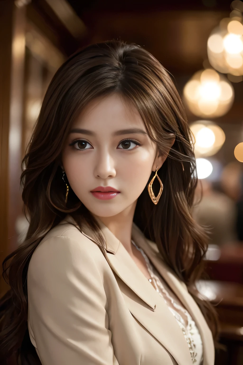 A close up of a woman with long hair wearing a suit - SeaArt AI