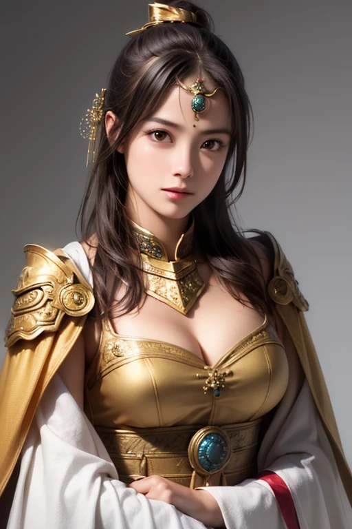 Close up of a woman's armor and gold cloak, Like the whole body, 1 person, Age 30, cute ponytail,I wear normal ????? and cleavage,cleavage that a girl straddles, The texture of her face and skin is expressed in great detail,cool face, staring at the camera,  Chinese female warrior ,  perfect beauty  : 1.4, fine grain,Double Eyelids, Whitening,top quality, Ultra High Resolution ,simple background, There's almost no background,
