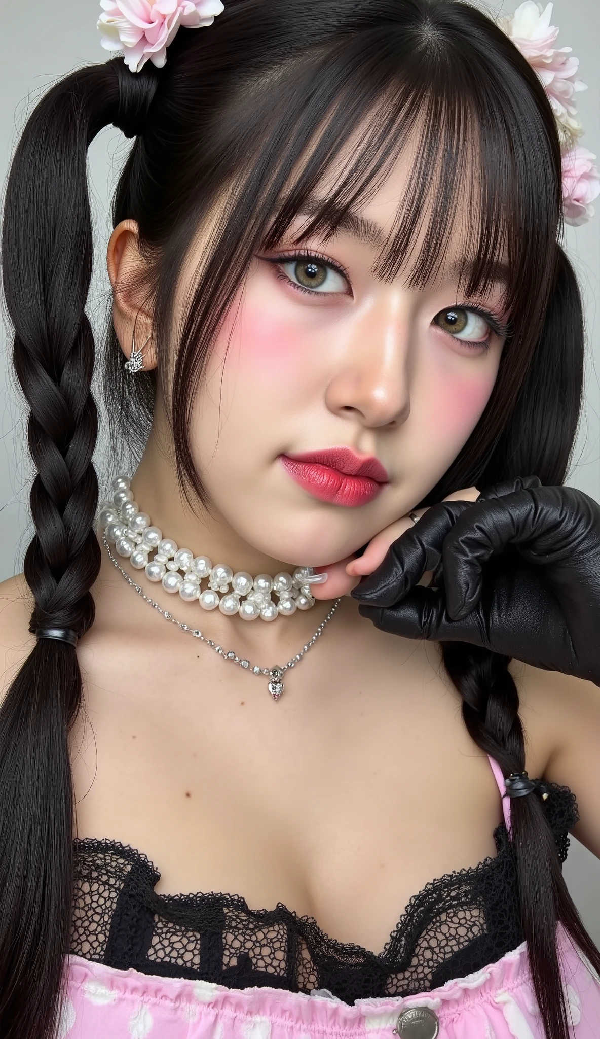 32k, Masterpiece, Top Quality, (Korea's Beautiful Women) Gothic ta portrait, long black braided pigtails, flower hair accessories, pale skin, rosy cheeks, blue eyes, pearl earrings, choker necklace, layered necklaces, black lace gloves, off-shoulder pink dress, ethereal lighting, soft focus, anime-inspired makeup, whimsical expression, high-contrast image, studio photography, cosplay aesthetic