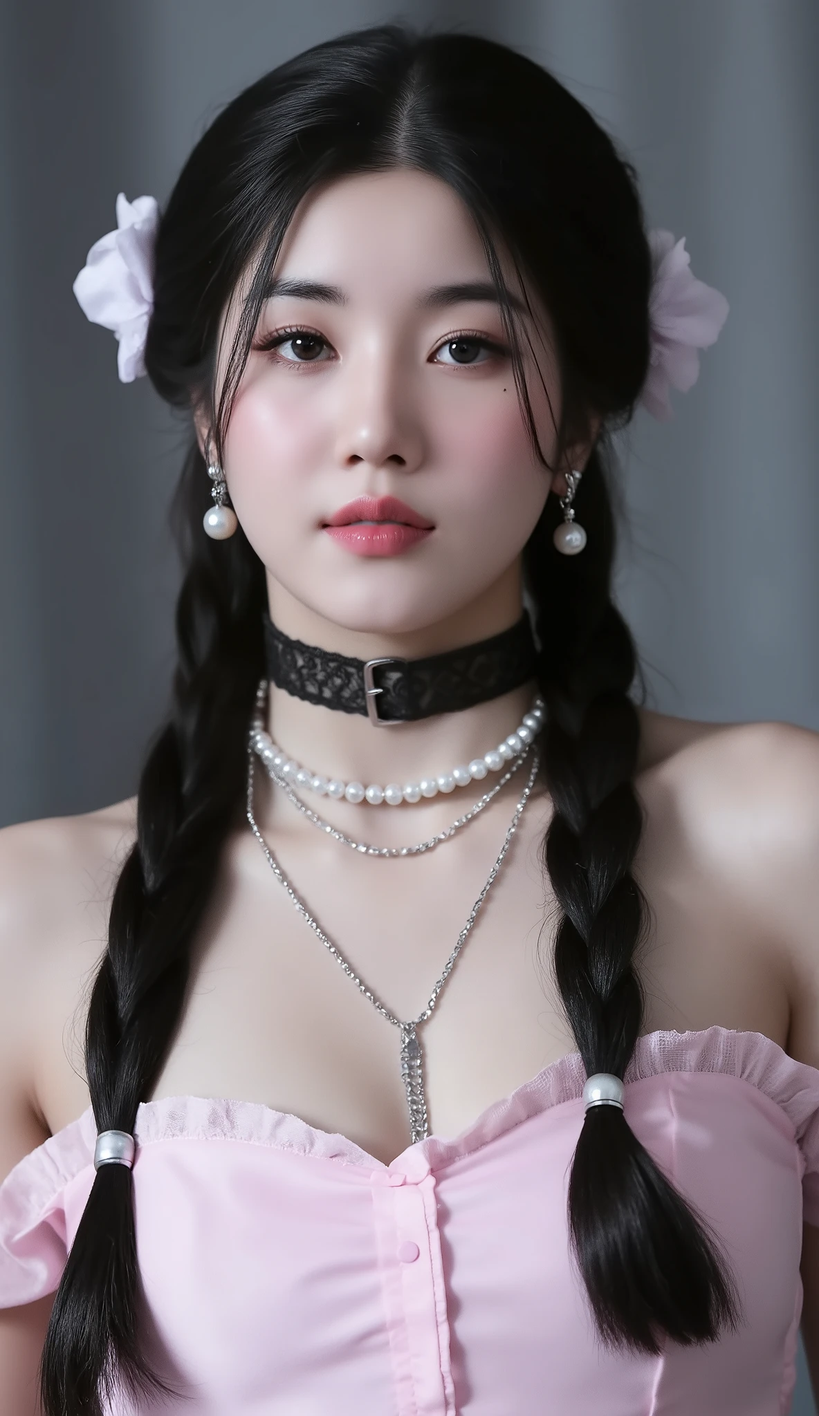 32k, Masterpiece, Top Quality, (Korea's Beautiful Women) Gothic ta portrait, long black braided pigtails, flower hair accessories, pale skin, rosy cheeks, blue eyes, pearl earrings, choker necklace, layered necklaces, black lace gloves, off-shoulder pink dress, ethereal lighting, soft focus, anime-inspired makeup, whimsical expression, high-contrast image, studio photography, cosplay aesthetic