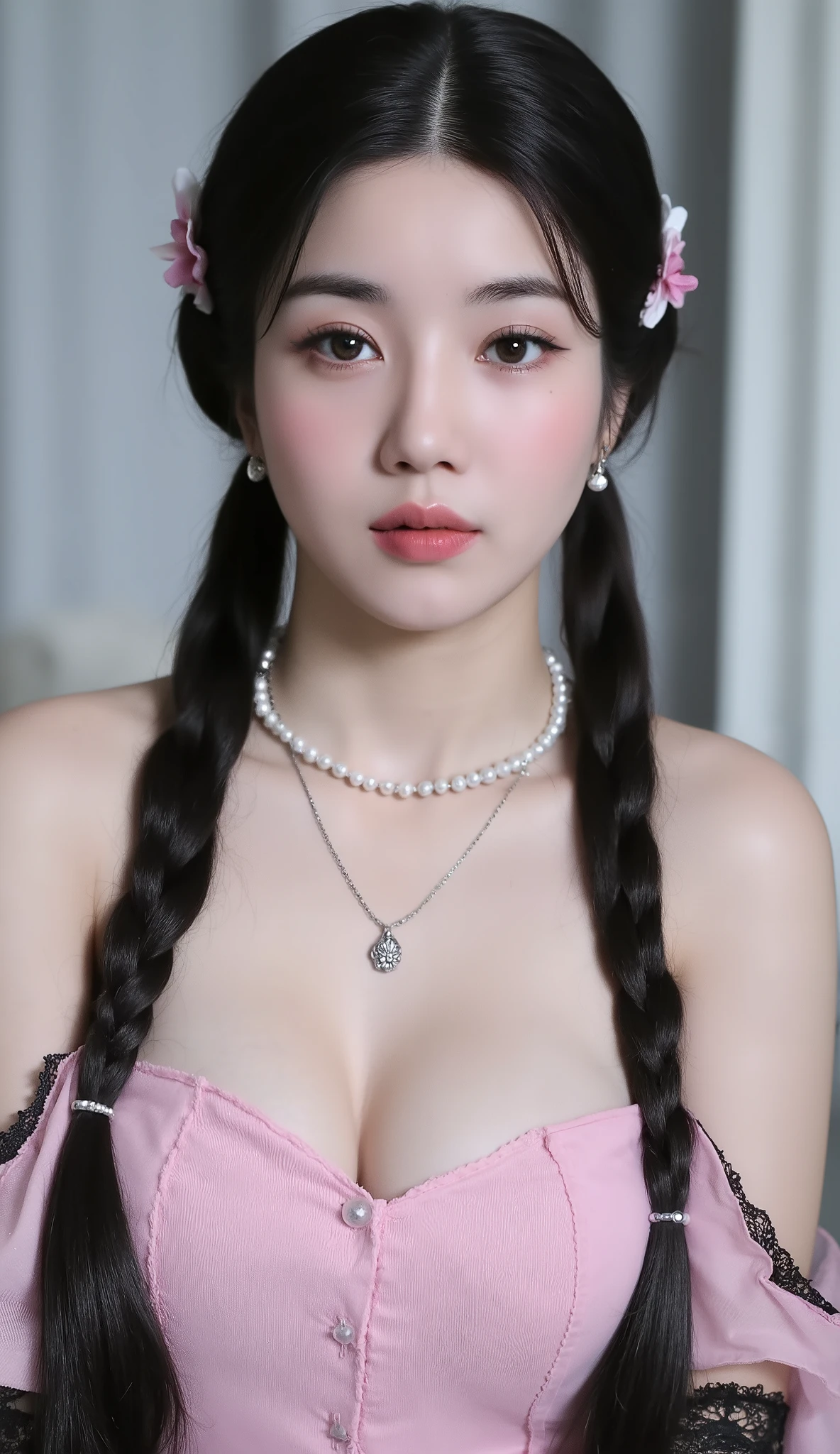32k, Masterpiece, Top Quality, (Korea's Beautiful Women) Gothic ta portrait, long black braided pigtails, flower hair accessories, pale skin, rosy cheeks, blue eyes, pearl earrings, choker necklace, layered necklaces, black lace gloves, off-shoulder pink dress, ethereal lighting, soft focus, anime-inspired makeup, whimsical expression, high-contrast image, studio photography, cosplay aesthetic