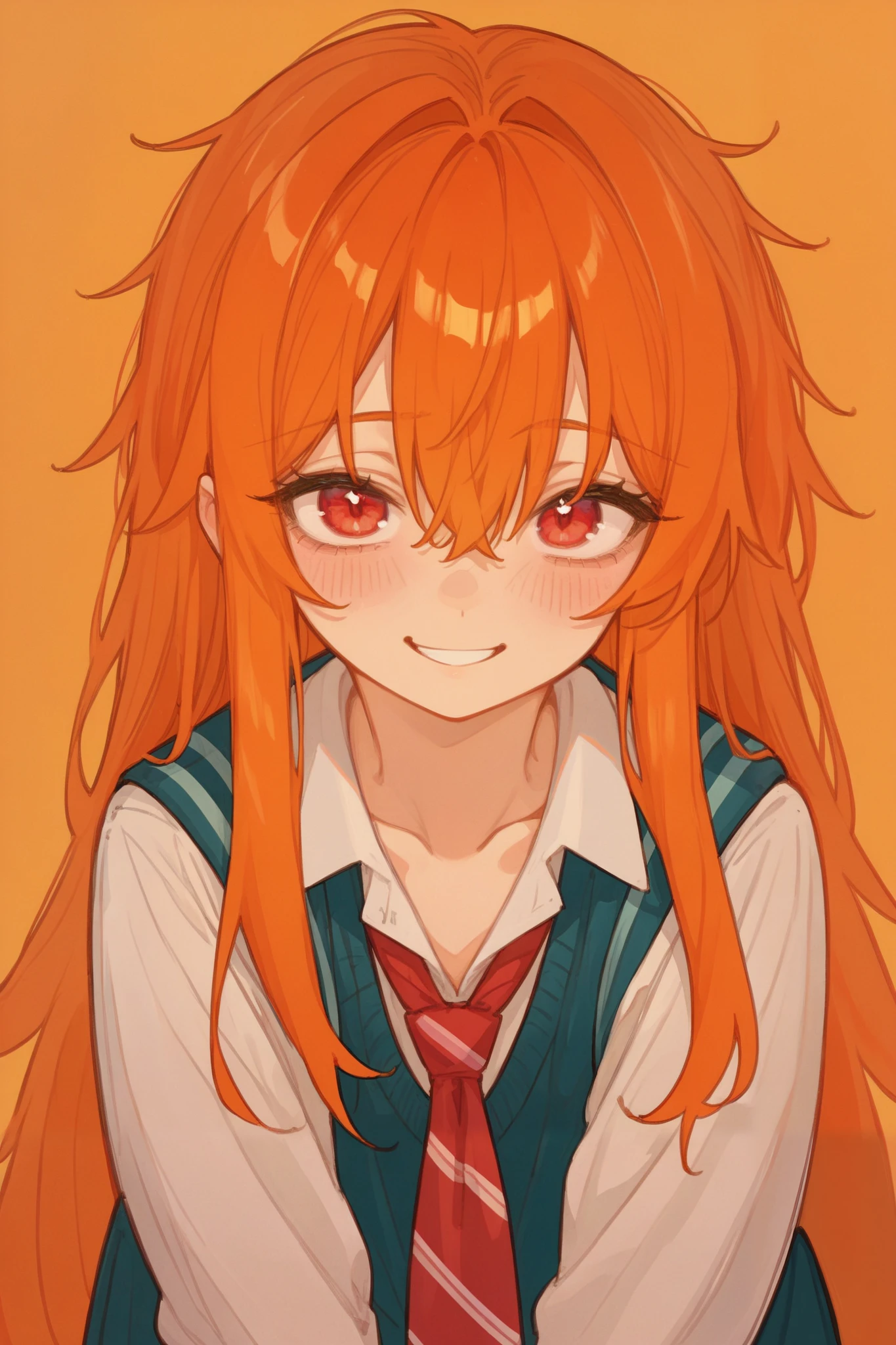 (best quality), best resolution, School, school class, 1girl, shy smile, fidgeting, orange hair, long hair, (messy hair:0.6), red eyes, detailed eyes, 4k, 748cmstyle, artistic