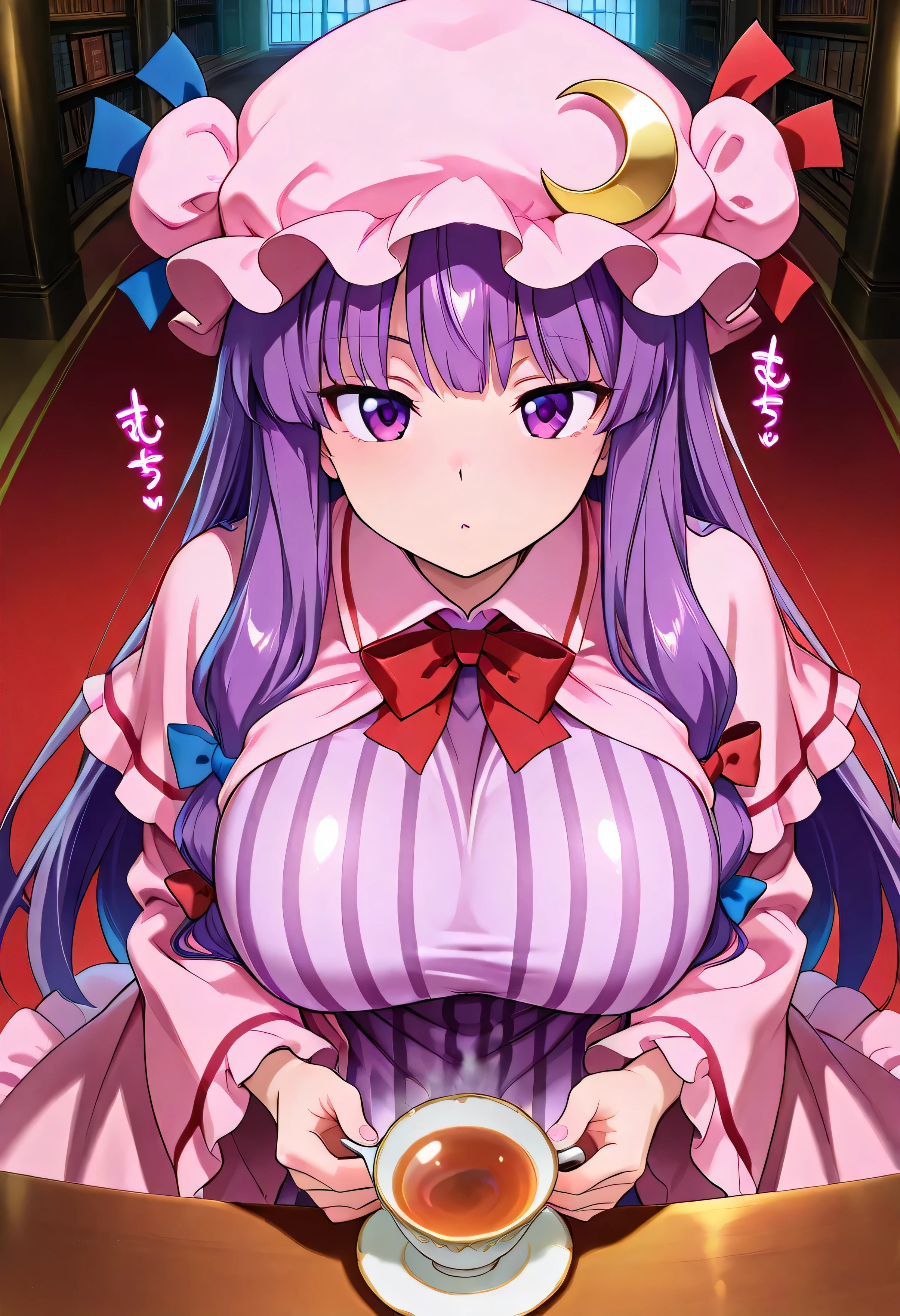 (beautiful girl:1.3),masterpiece,Please redeem,Ultra-high resolution,rich contrast,Very high quality,8k,Highly detailed CG unit wallpaper,Texture,So ridiculous,RAW Photos,Highest quality anime,anime-style illustration,studio anime style,professional photograph,an extremely delicate and beautiful,Depth of written boundary 1.2,ultra-detailed eyes,Glowing Skin,Glitter Effect,Beautiful glossy lips,patchouli knowledge, 1girl , Alone, purple hair, long hair, purple eyes, sidelocks,mob cap, pink headwear, crescent hat ornament, blue bow, red bow, hat ribbon, hair bow, Crescent Pin, capeleT, red ribbon, long sleeves, vertical-striped dress, blue ribbon, long dress, purple dress, pink dress,( obscene sound effects:1.5),((round eyes, big eyes)), big breasts,Big Round Ass,(Stirring tea with a spoon:1.5),tea cup,Red Devil Museum,Library, motion line ,( from above),(Black tea close up:1.3)