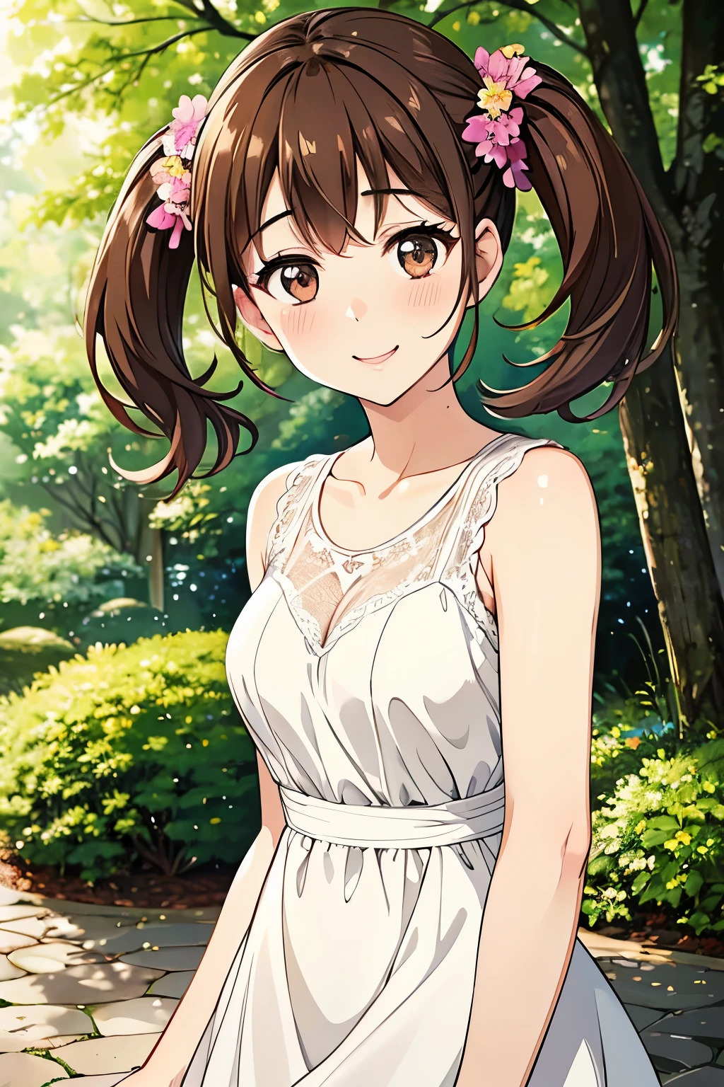 Yumi Fukuzawa 、Shiny brown hair,Medium Hair, 、(( , Twin tails、)),Beautiful brown eyes、Sparkling eyes, fine grain、smile、Very fine eye、Highly detailed face, very detailed eyes,Cowboy Shot、
masterpiece、High resolution、High resolution、High resolution、1 female、(high quality, High resolution, The finer details), Stand in lush gardens, Tall trees with colorful flowers々It is surrounded by, Sunlight filtering through the trees, Gives off a warm and gentle glow, Amazing lacework white dress, alone, Curvy Women, Sparkling eyes, (Detailed eyes:1.2), smile, blush, Sweat, Oily skin, Warm tones, The lighting is soft, Shallow depth of field