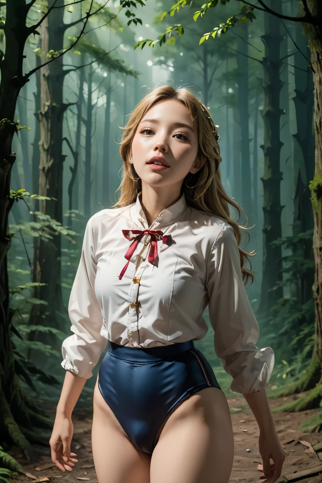 (masterpiece, highest quality), 1 girl, beautiful face, beautiful body, wearing a Black gymnastics bloomers, High leg、white blouse, cowboy shot、Are standing、full body portrait、alone, complex details, enlarged textures, complex details, finely detailed eyes and detailed face, intricate details, (closed mouth), perfect eyes, equal eyes, perfect body, extremely detailed, (), extremely realistic 3d,In a dark forest、blonde long hair
