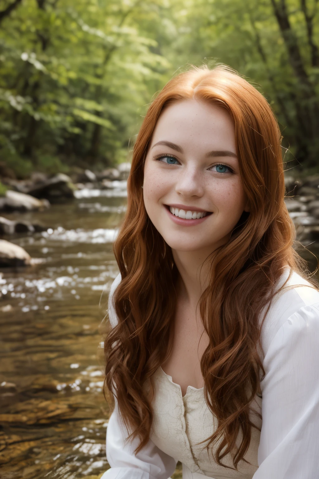 closeup, dynamic pose, a young celtic redhead woman with long hair and light eyes, joyous and smiling, sitting beside a forest stream, wearing a green-hued beautiful medieval dress, freckles on her face and skin, light rays shining through the branches above her